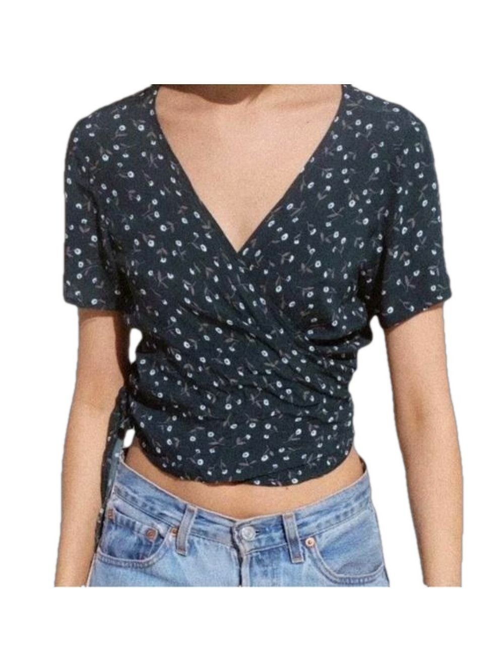 BRANDY MELVILLE Green Wrap Crop Top with White Daisy Print